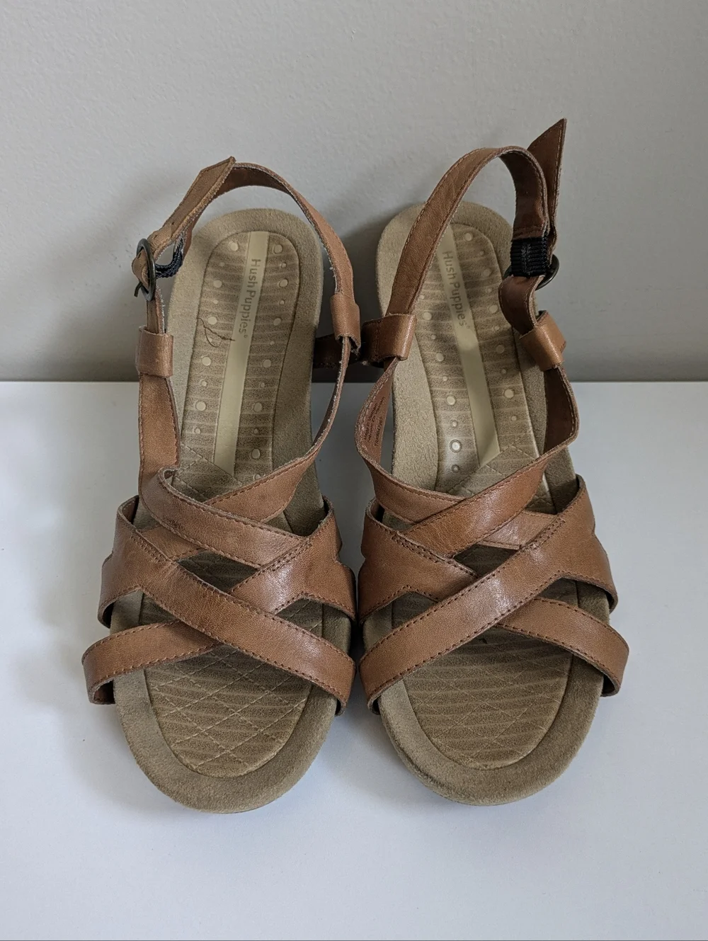 Brown Hush Puppies Leather-Style Women's Slingback Wedge Sandals - Picture 3 of 10